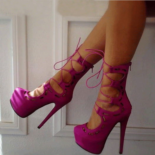 Hot Pink Lace-up Strappy Platform Pumps with Stilettos Vdcoo