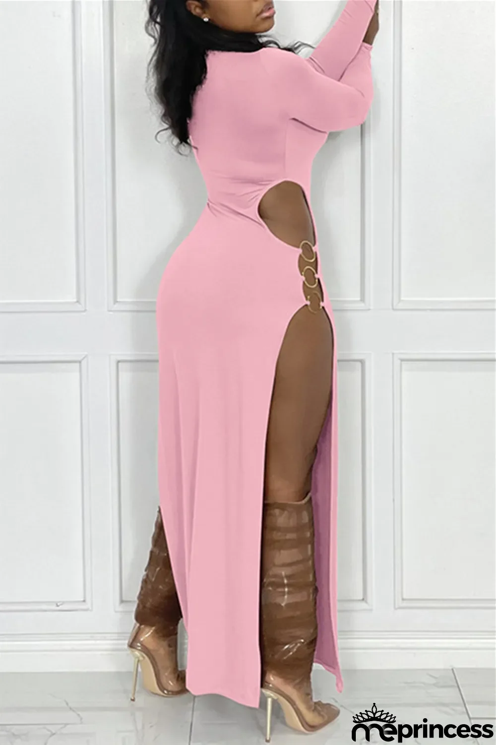 Black Sexy Casual Solid Hollowed Out Slit O Neck Long Sleeve Dresses