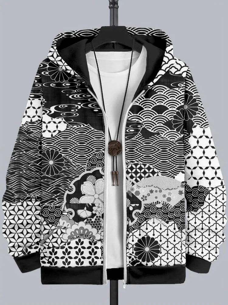 Men's Vintage Japanese Art Comfy Full Zip Hoodie