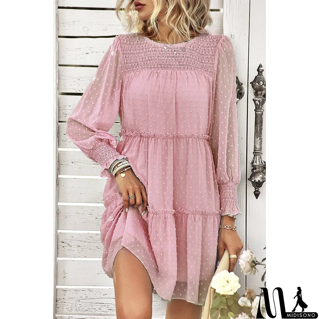 MidiSono - Dot Solid Ruched Color Block Ruffle Lined Midi Dress