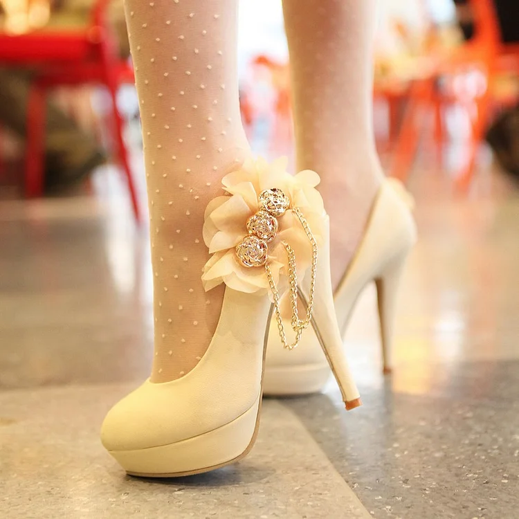 Women's White Platform Almond Toe Floral Chains Stiletto Heel Wedding Shoes Pumps |FSJ Shoes