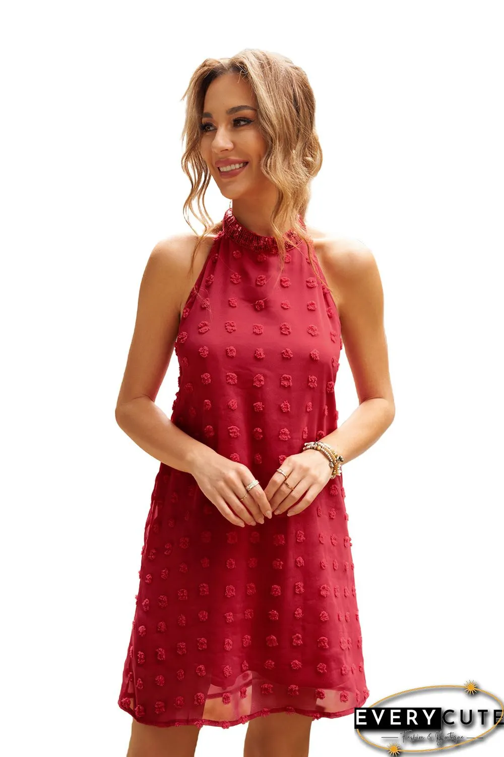 Red Pompom Mock Neck Sleeveless Shift Mini Dress