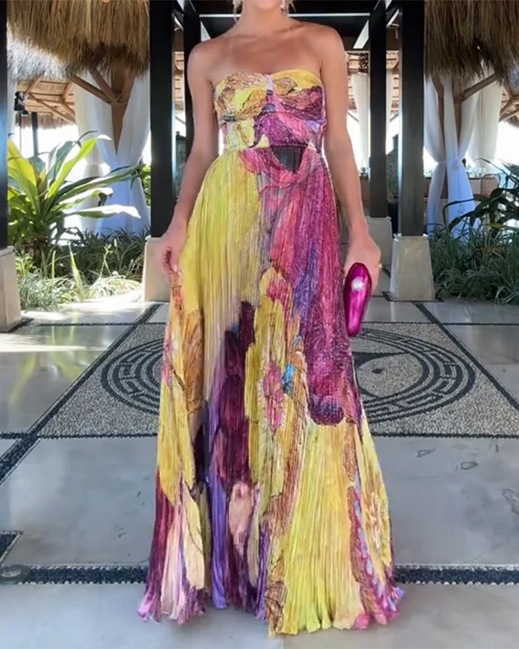Pleated Strapless Floral Print Dress