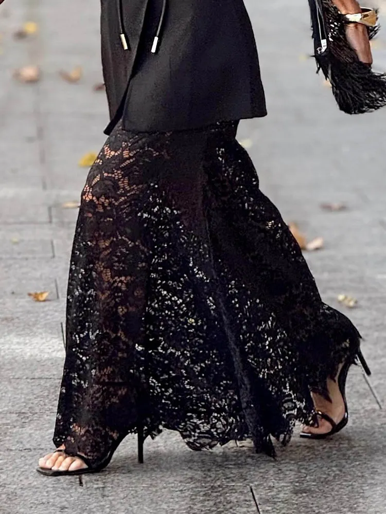 Chic Floral Lace High Rise Elastic Waist Maxi Skirt