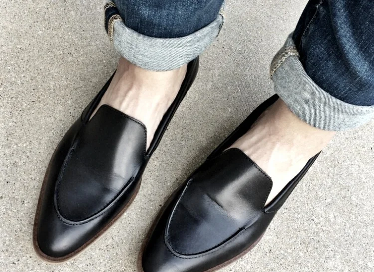 Black Vintage Pointy Toe Flat Loafers Vdcoo