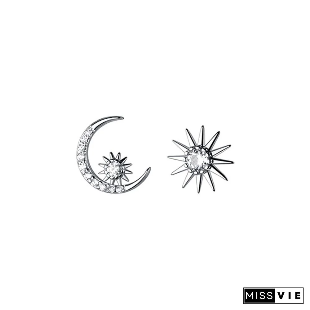 Sun Moon Asymmetrical 925 Sterling Silver Stud Earrings