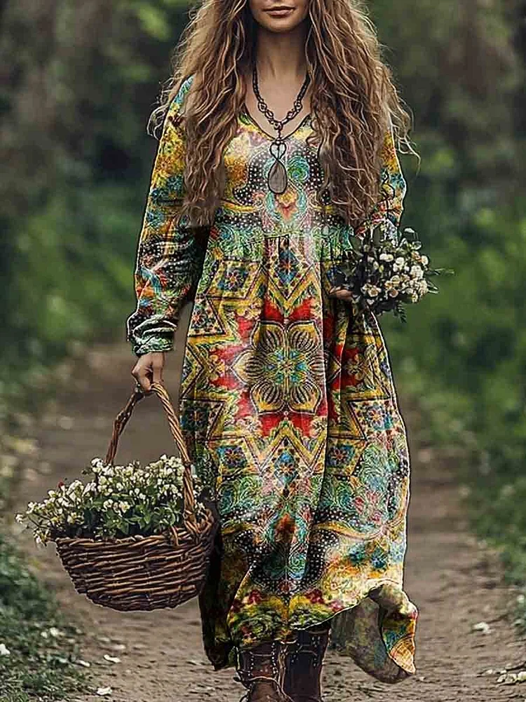Women's Vintage Ethnic Floral Art Print Pocket Cotton Dress