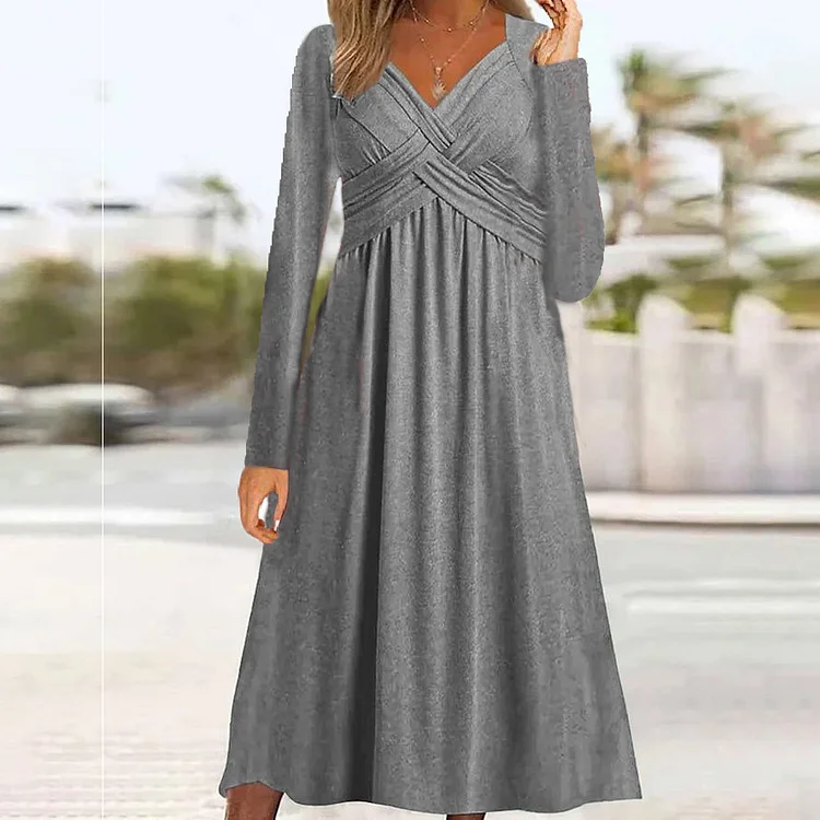 Women's 2024 Casual Dress V-Neck X Pleated Long Sleeve Midi Dress