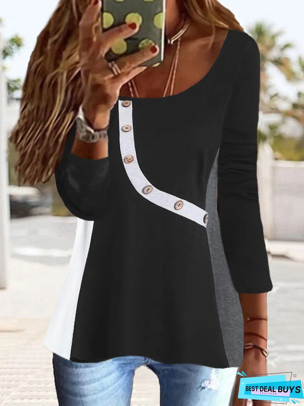 Women Casual Color Block Autumn Buttoned Micro-Elasticity Daily Loose Jersey Long sleeve Tunic T-Shirt