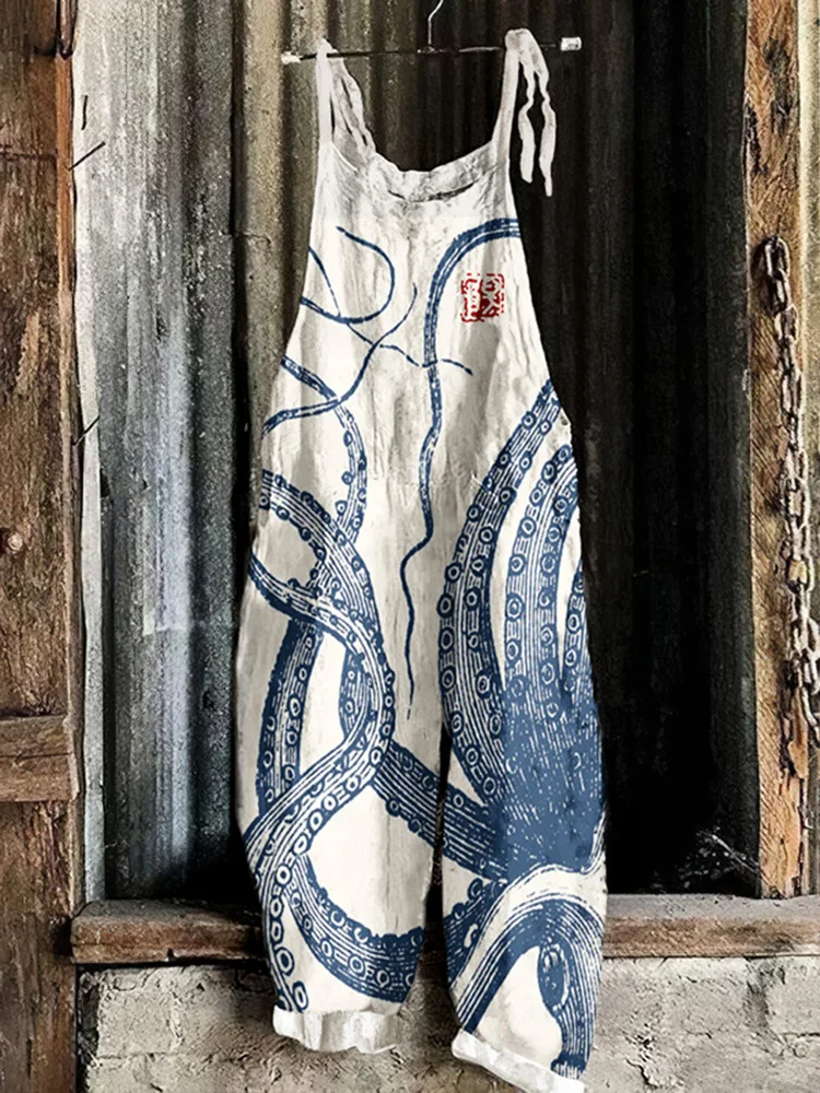 Women's Cute Print Linen Blend Casual Jumpsuit