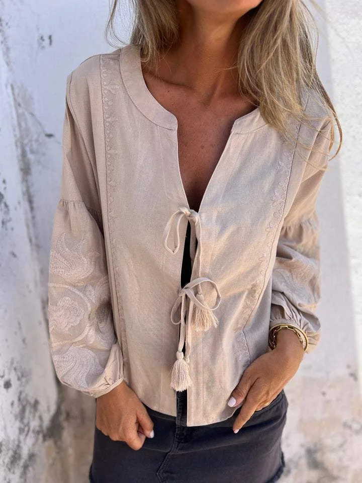 V-neck Tie Design Cotton and Linen Top