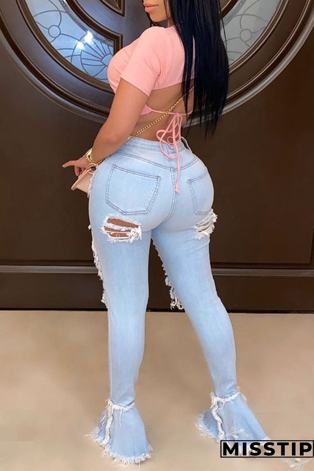 Dark Blue Fashion Casual Solid Ripped High Waist Boot Cut Denim Jeans