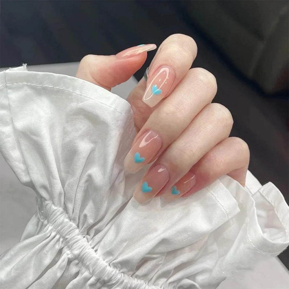 Detachable Light Blue Heart Coffin False Nails Wearable Ballerina Fake Nails Full Cover Nail Tips press on nails acrylic tips