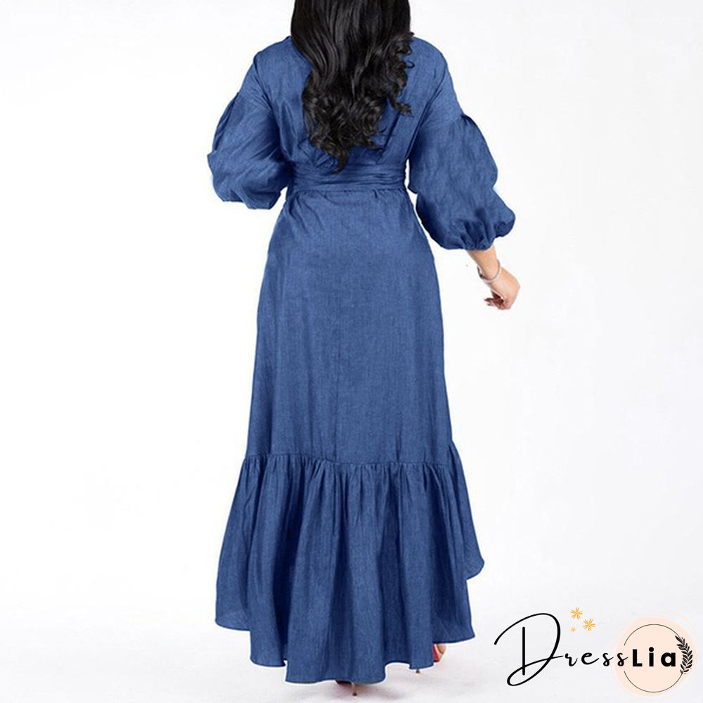 Women's Fashion Puff Sleeve Deep V Neck Tunic Denim Ruffled Dress Irregular Hem Elegant Party Long Dresses Vestidos S-5XL