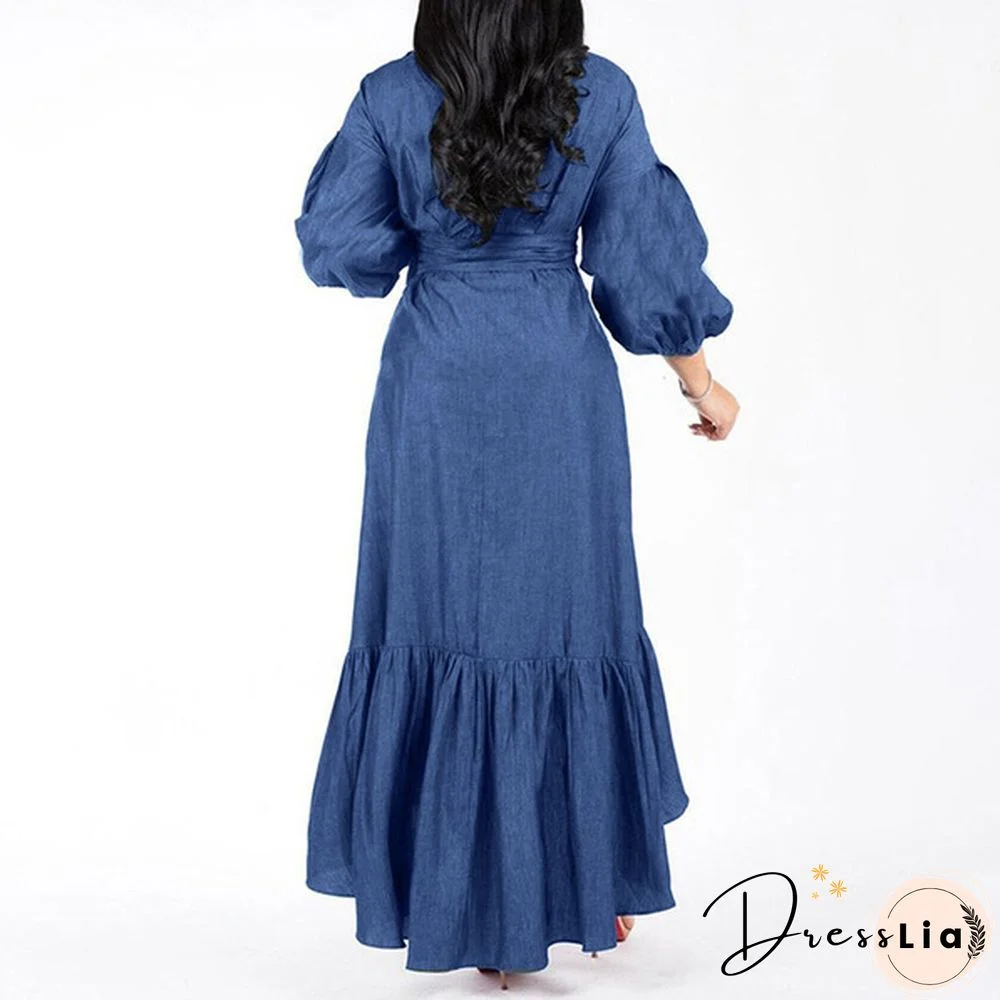 Women's Fashion Puff Sleeve Deep V Neck Tunic Denim Ruffled Dress Irregular Hem Elegant Party Long Dresses Vestidos S-5XL