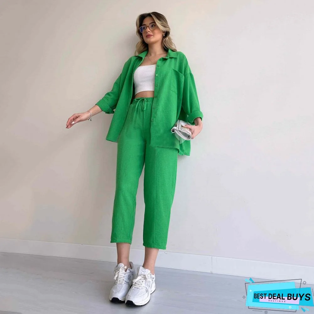 Plus Size Women's Fall Casual Loose Shirt Coat Cropped Sport Harem Pants Two-Piece Set