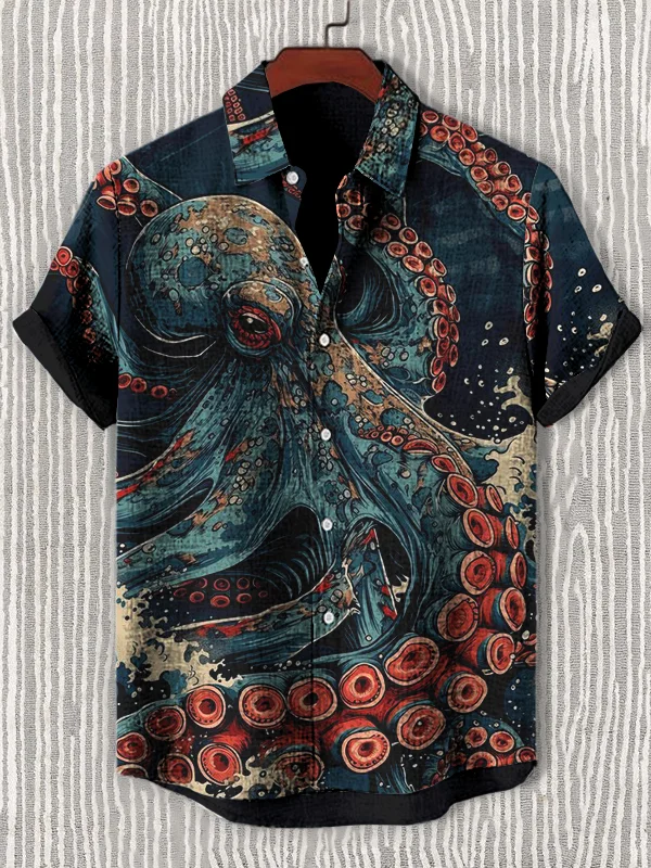 Men's Octopus Ocean Japanese Art Painting Print Short Sleeve Shirt