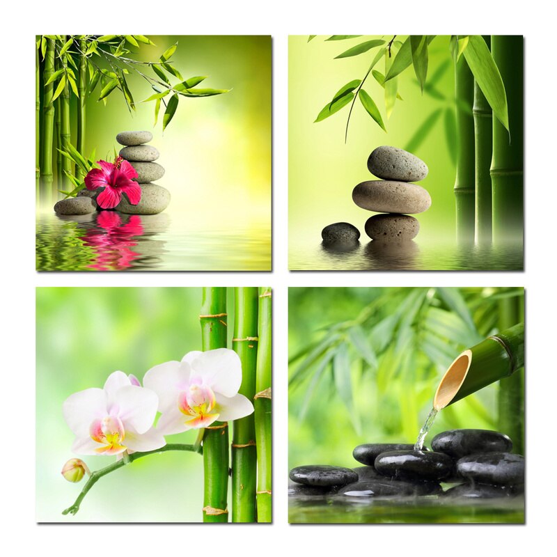 4 Pcs Bamboo Landscape Flowers and Stones Flower Floral Posters Canvas Wall Art Pictures Home Decor Paintings Room Decorations