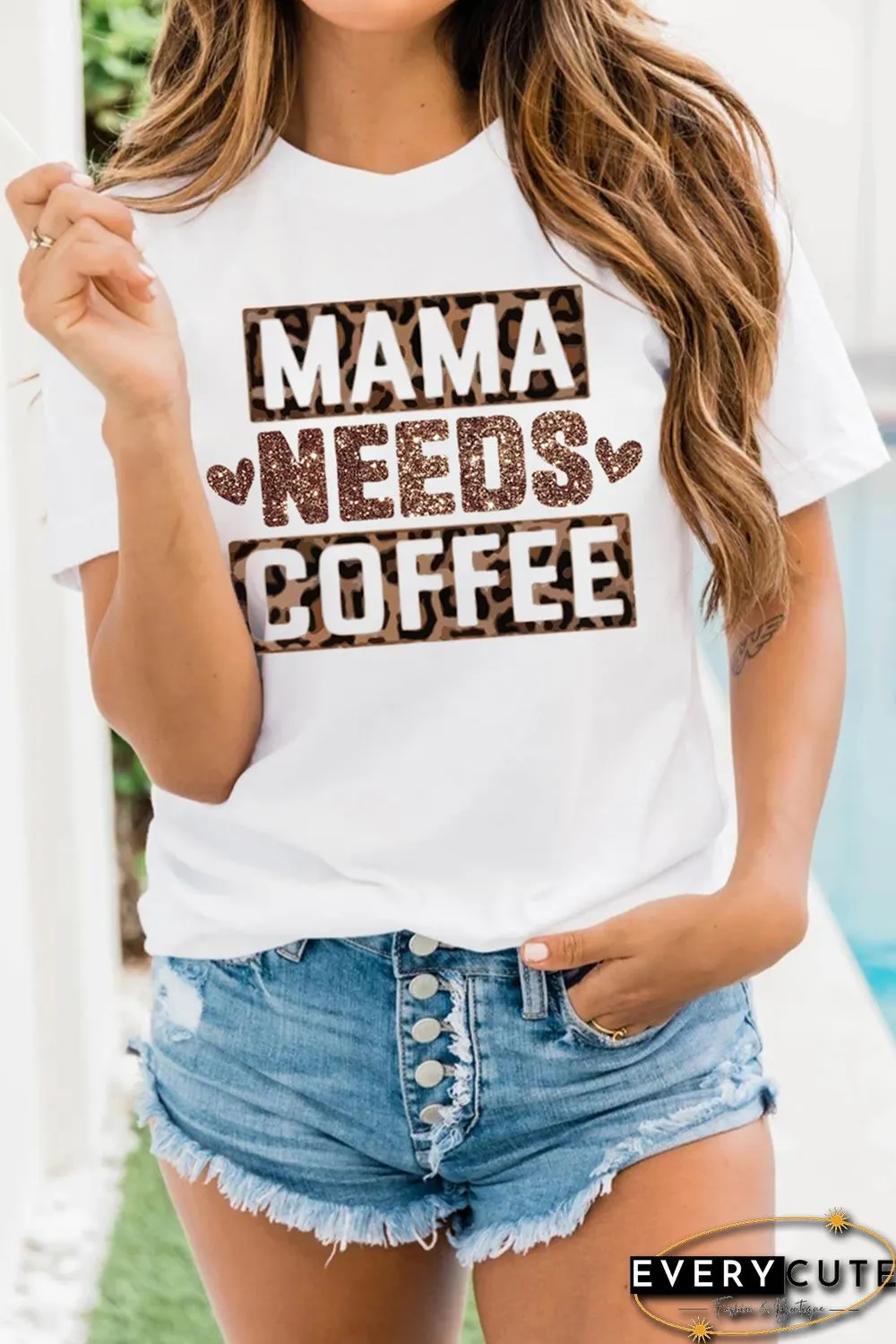 White Letter Leopard Sequin Print Short Sleeve T-shirt