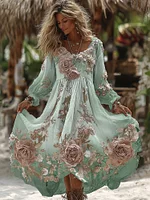 Women's Vintage Romantic White Rose Embroidery Art Comfy Linen Maxi Dress - Image 7