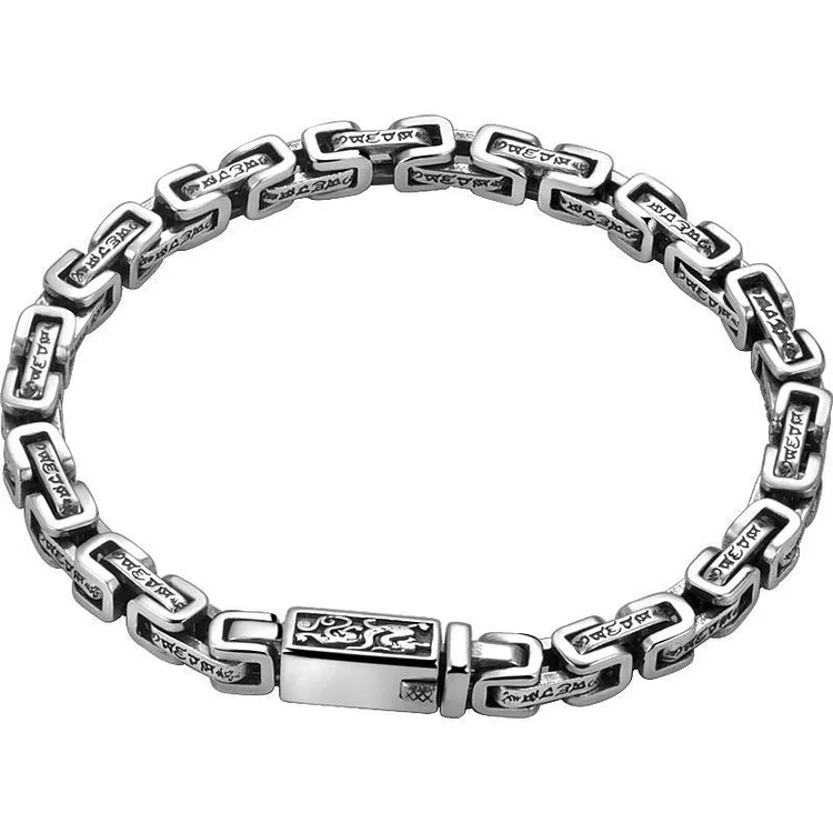 Sterling Silver Six Character Truth Dragon Square Byzantine Chain