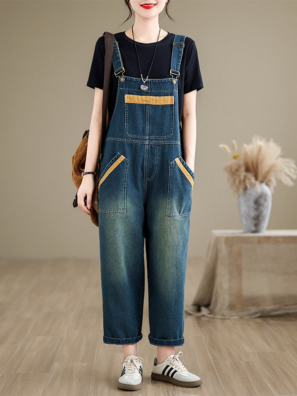 Women's Loose Denim Overalls Large Size Color Matching Casual Wide Leg Pants Overalls