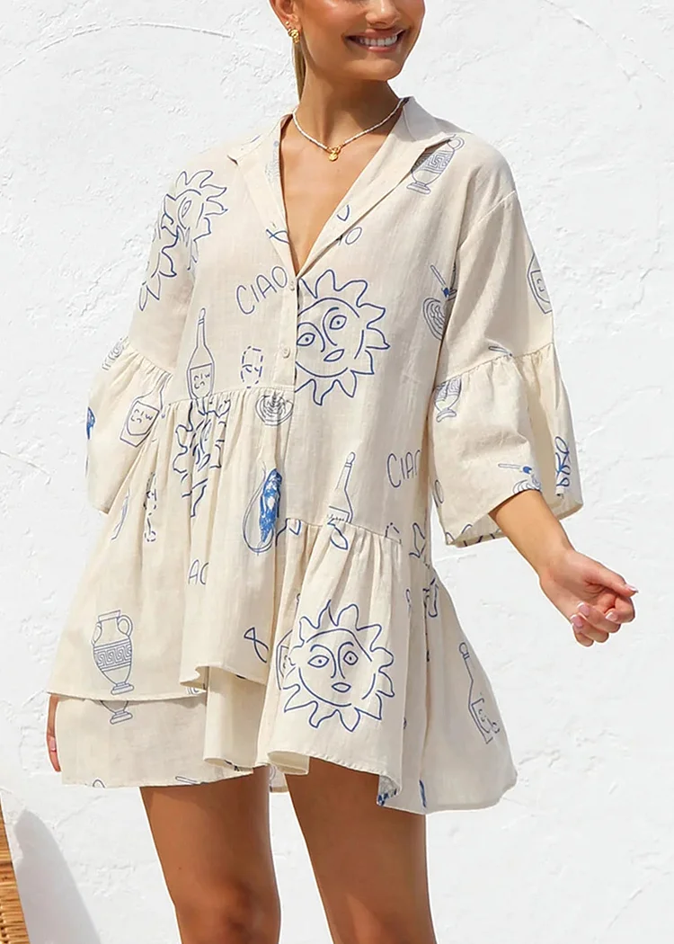 New Apricot Asymmetrical Print Patchwork Short Cotton Shirts Dress Summer