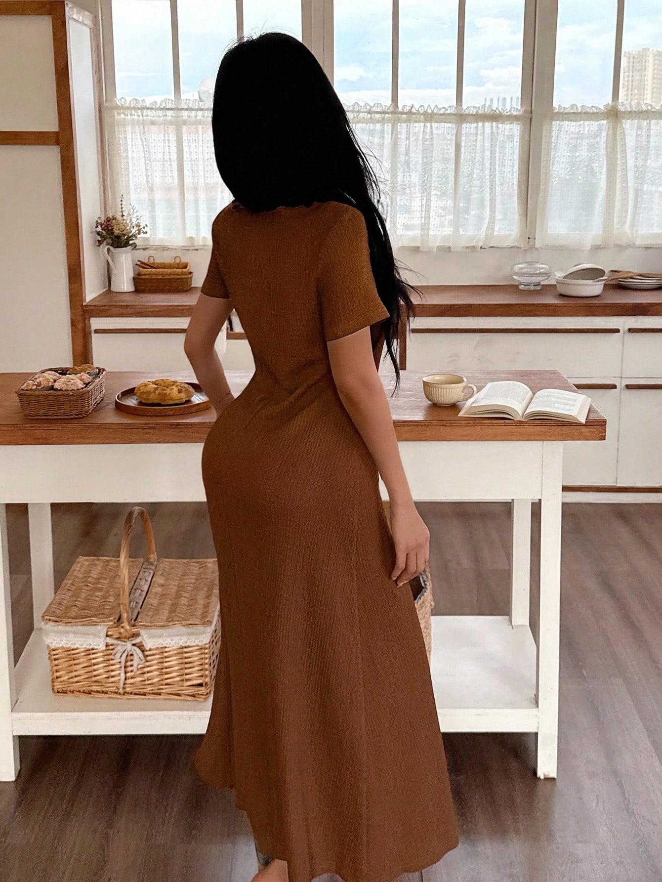 Women's Casual Solid Color Jacquard Gathered Ruffle Trim Square Neck Maxi Loungewear Dress Brown Dress Lounge Dress Summer Dress Tie Front Dress Midi Dress