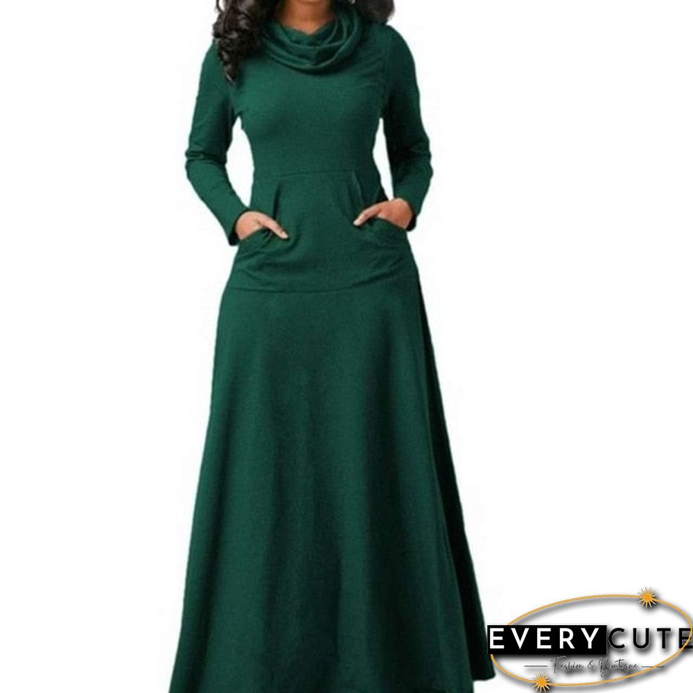 Women Warm Dress With Pocket Casual Solid Vintage Autumn Winter Maxi Dress Robe Bow Neck Long Elegant Dress