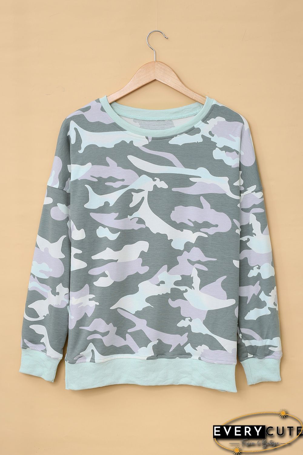Light Green Camouflage Pullover Sweatshirt with Slits