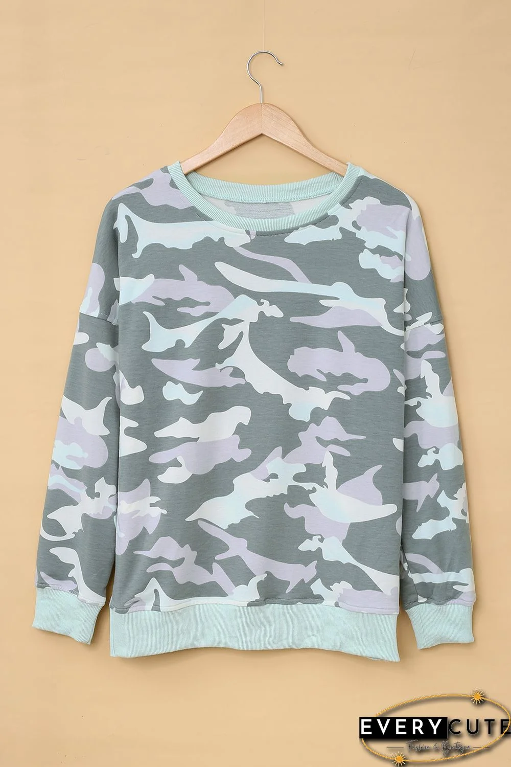 Light Green Camouflage Pullover Sweatshirt with Slits