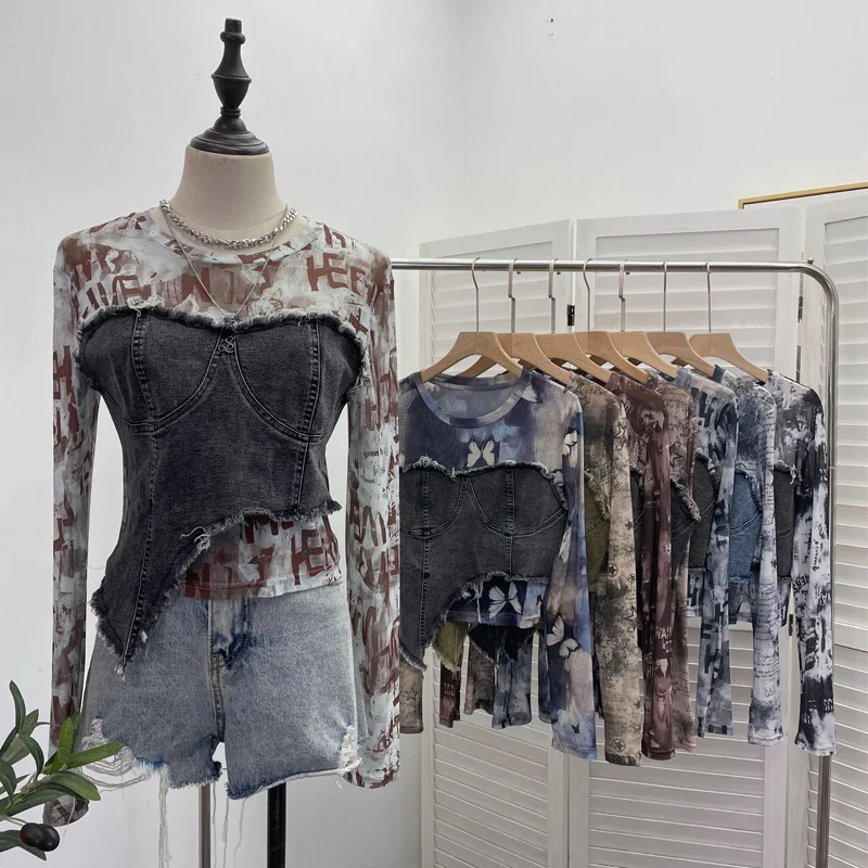 Uveng Solid Shooting Tie-Dye Print Spliced Denim T-Shirt Girl Autumn Design Sense Irregular Hair Side Short-Sleeved Top 2617