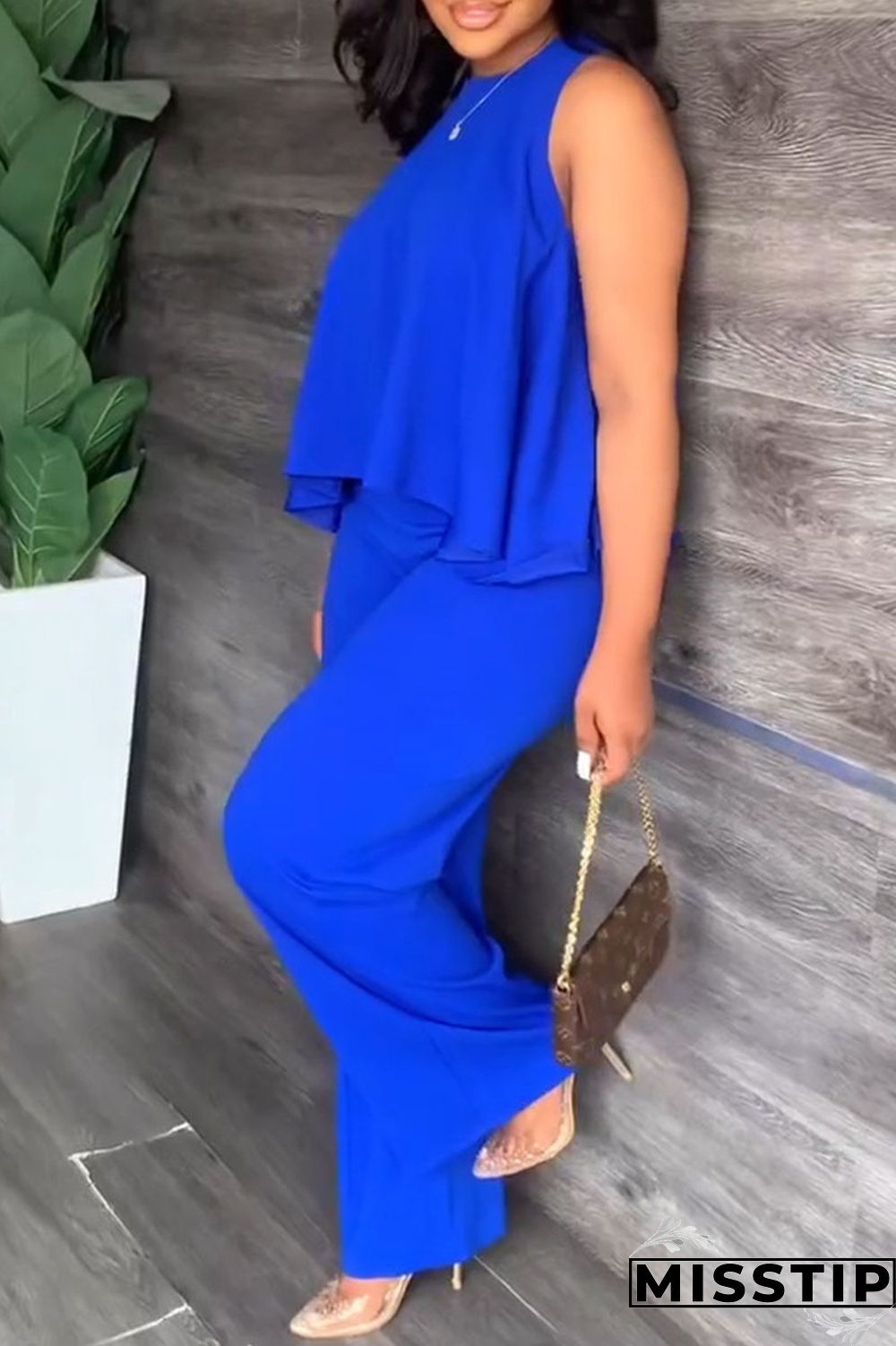 Black Casual Solid Patchwork O Neck Sleeveless Two Pieces