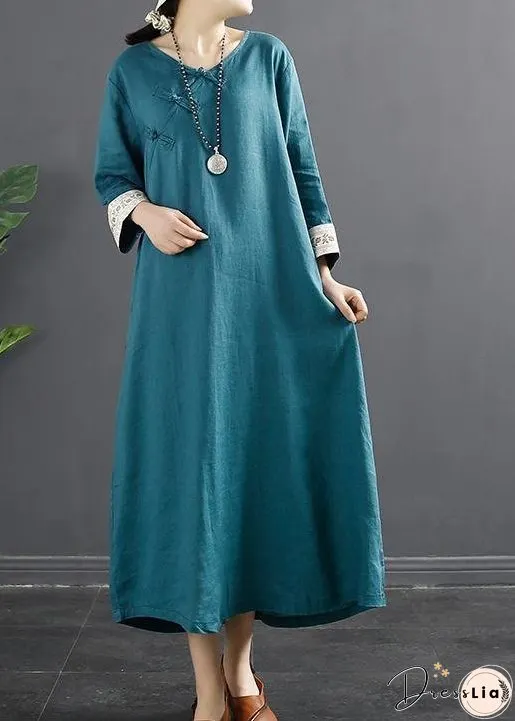 Loose Pockets Spring Tunics Runway Blue Cotton Dresses
