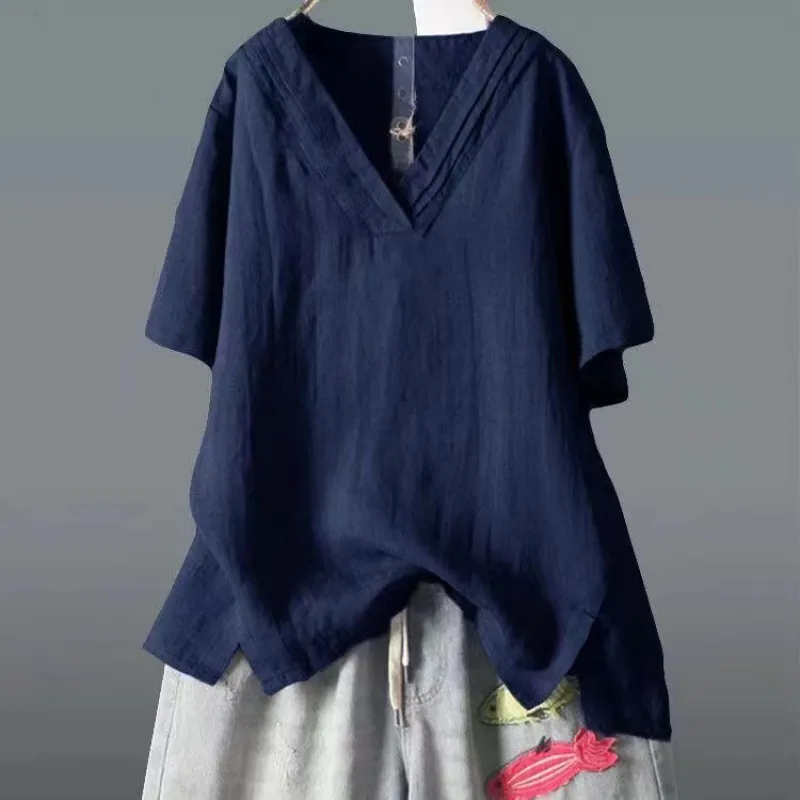 Brownm Brownm Summer New Solid Color Buffet Short-Sleeved V-Neck T-Shirt Women Irregular Large Cotton Loose Leisure Top