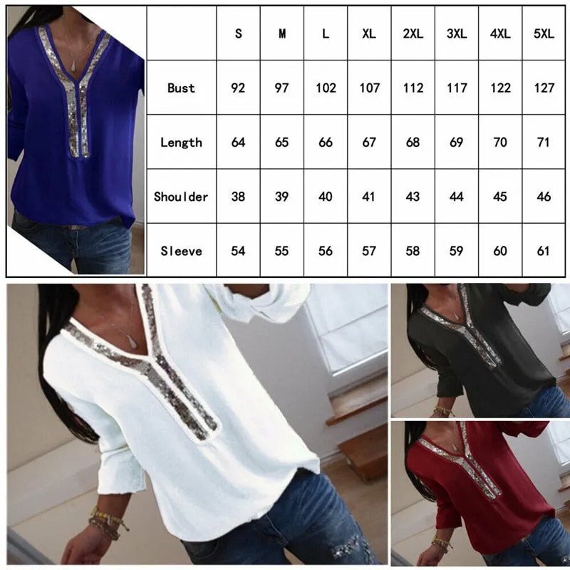 Women Blouse Plus Size V Neck Blouse Casual Loose Sequin Ladies Tops Women Shirt Top Long Sleeve Blouses Womens Tops And Blouses