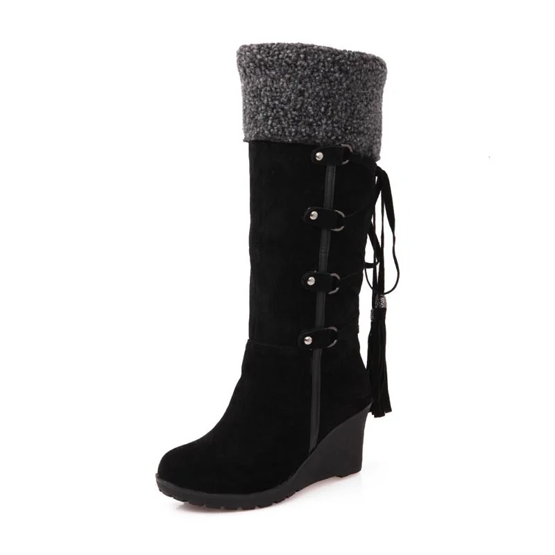 Women's Fashion Round Toe Tassel Wedge Nubuck Suede Knee High Plush Cotton Boots Novameme