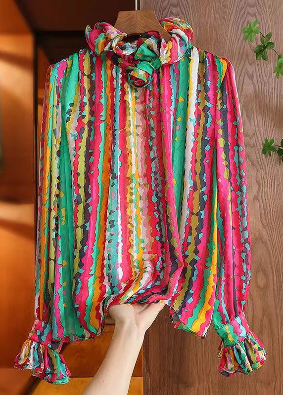 VCSHOES Red Striped Ruffled Patchwork Silk Blouse Spring