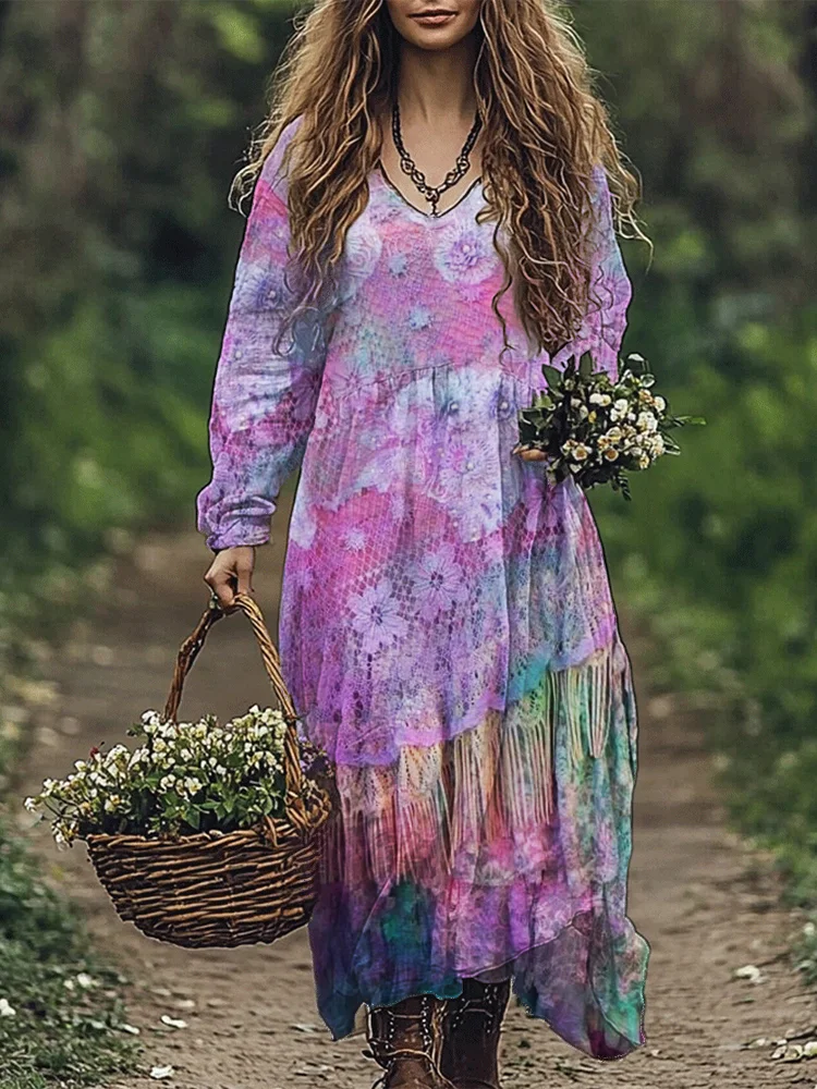 Colorful Boho Floral Lace Flowy Linen Blend Maxi Dress
