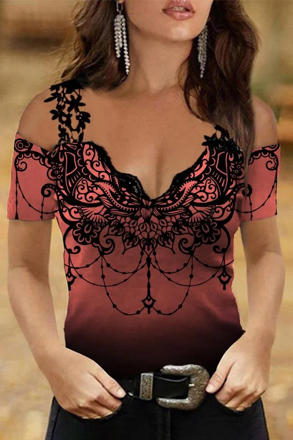 Suspender Printed Lace Short Sleeve T-shirt