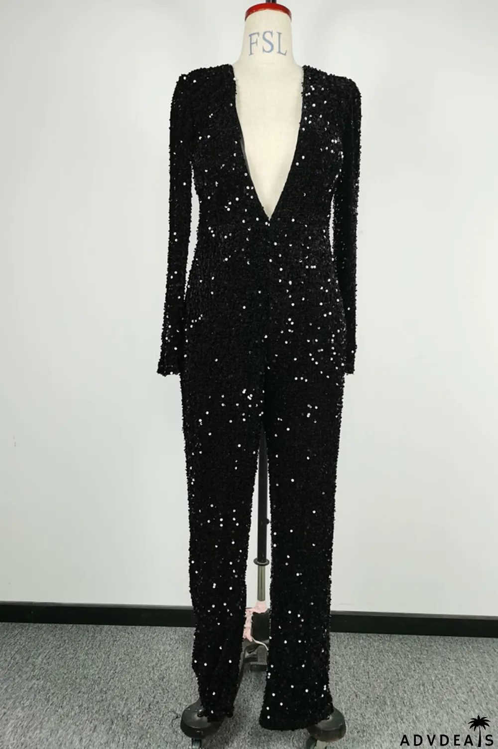 Black Fashion Casual Solid Sequins Split Joint V Neck Long Sleeve Jumpsuits