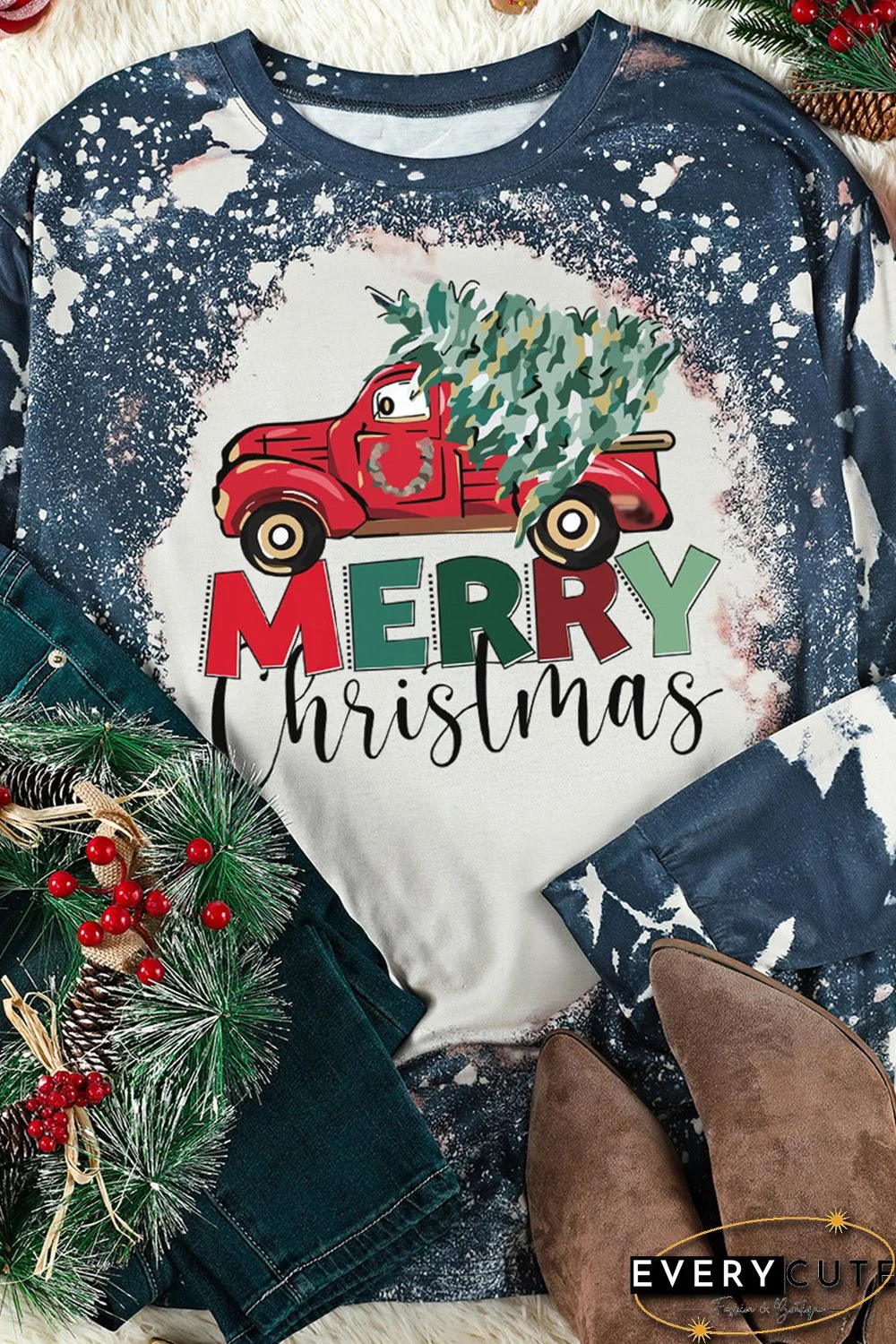Multicolor MERRY Christmas Bleached Long Sleeve Top