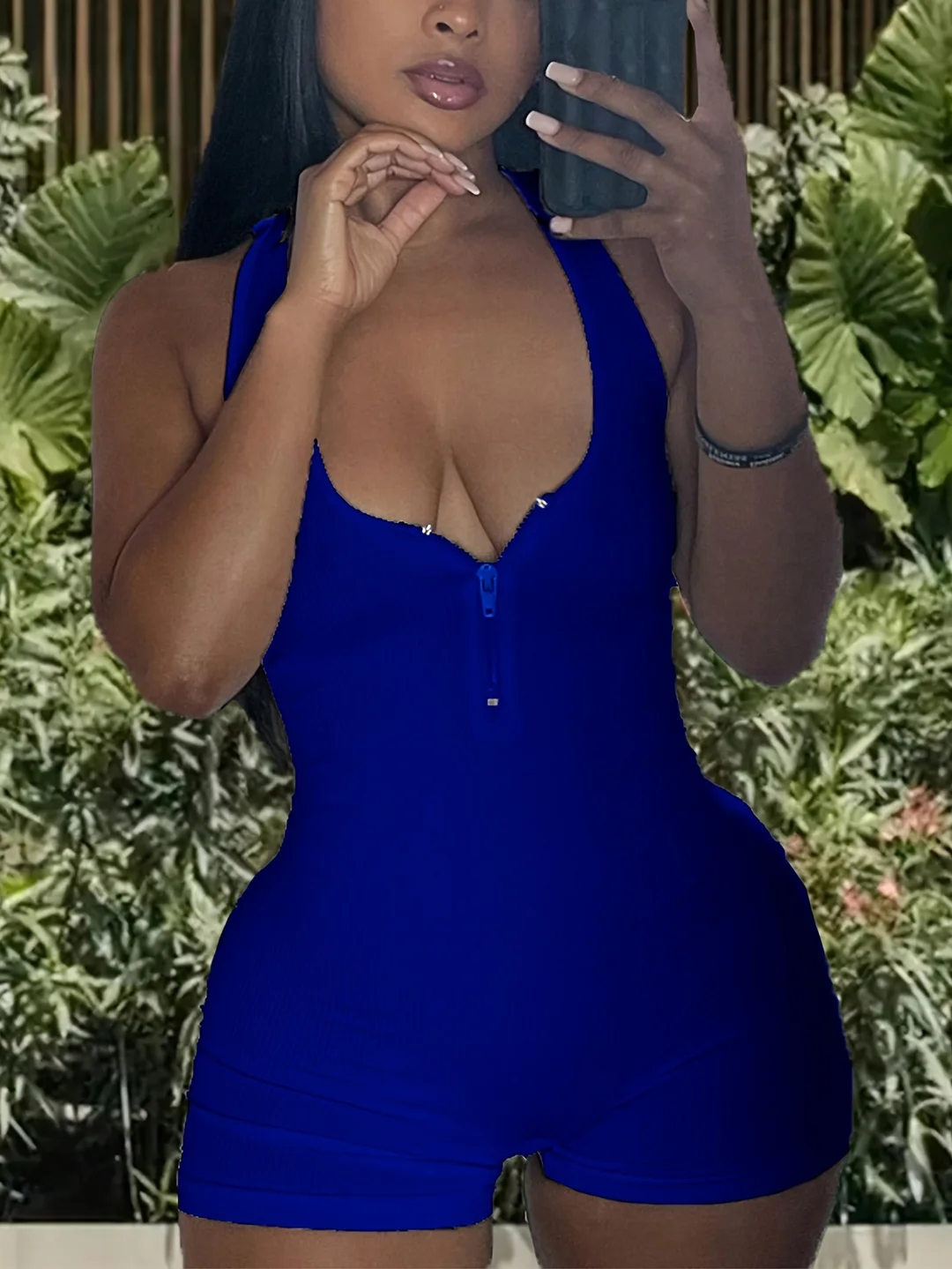 Uveng Uveng Summer Women's Explosive Solid Color Zipper High-Waisted Jumpsuit