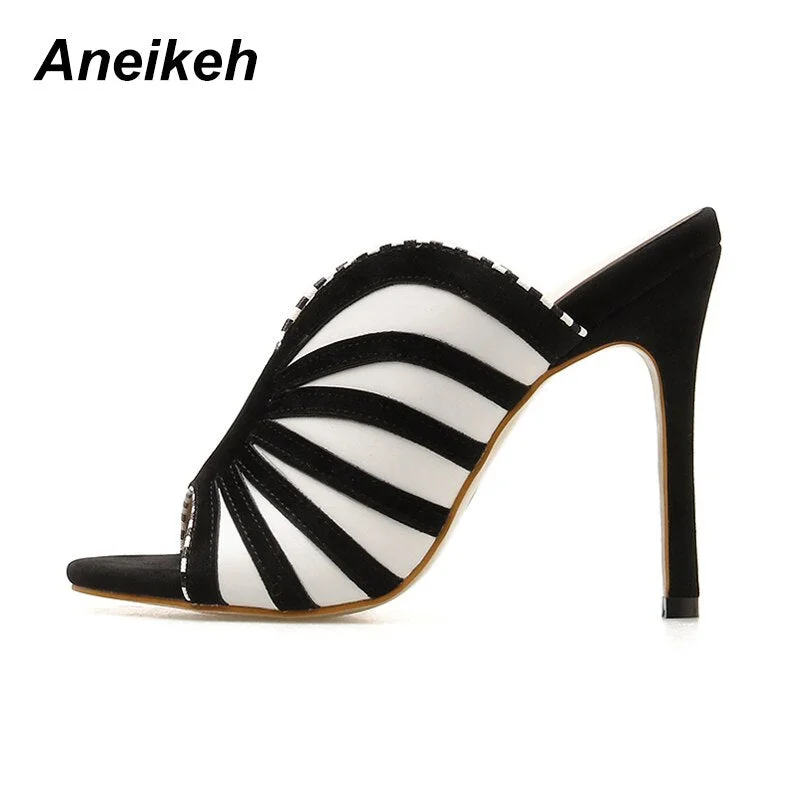 Aneikeh Zebra Stripe Peep Toe High Heel Dress Slippers Summer Fashion Slip On Thin Heels Slides Women Mules Black Size 35-40