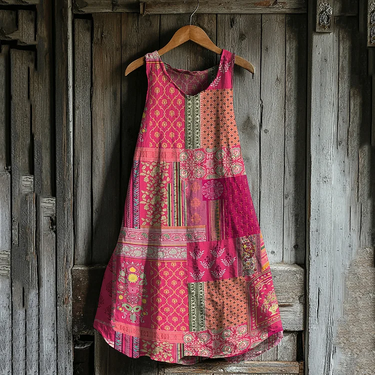 Vintage Floral Patchwork Art Linen Blend Tank Dress