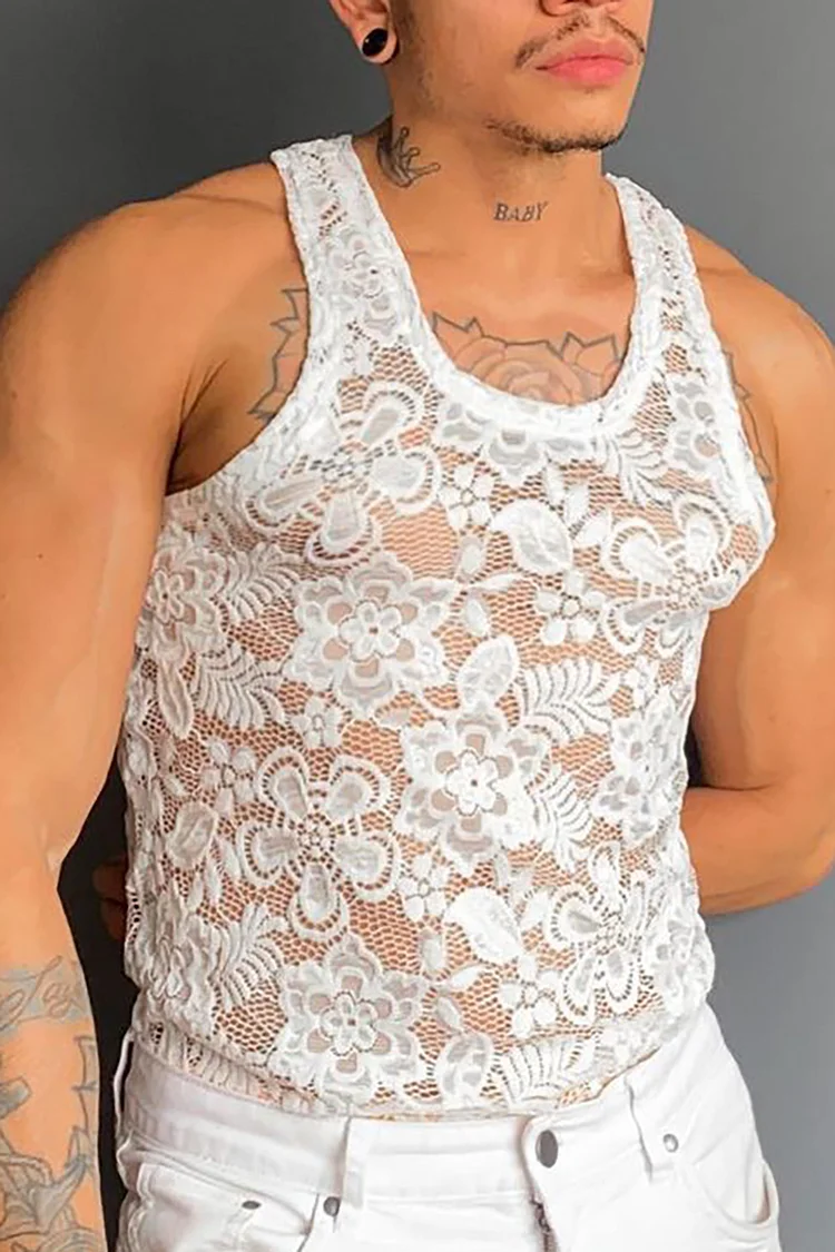 Ciciful See Through U-Neck Casual Lace Tank Top