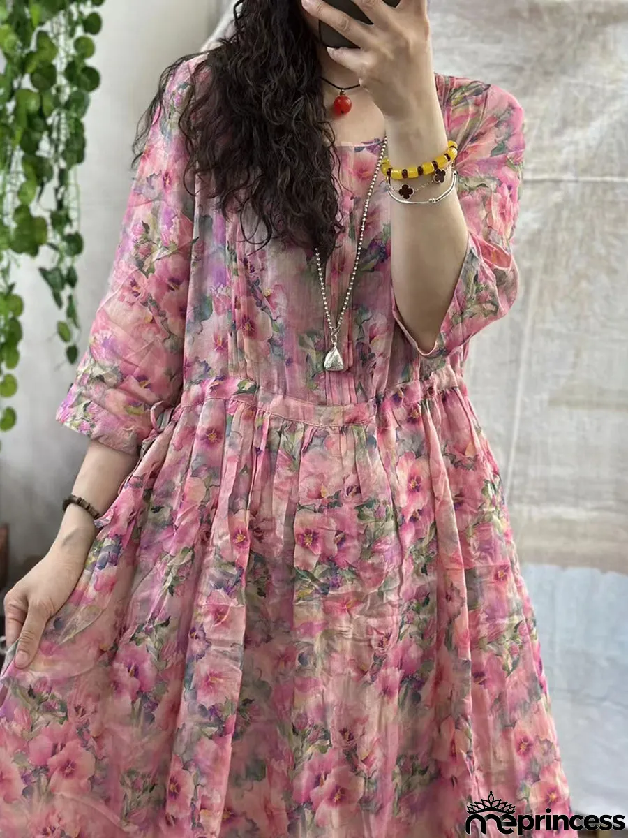 Women Summer Floral Artsy Strap Ramie Dress