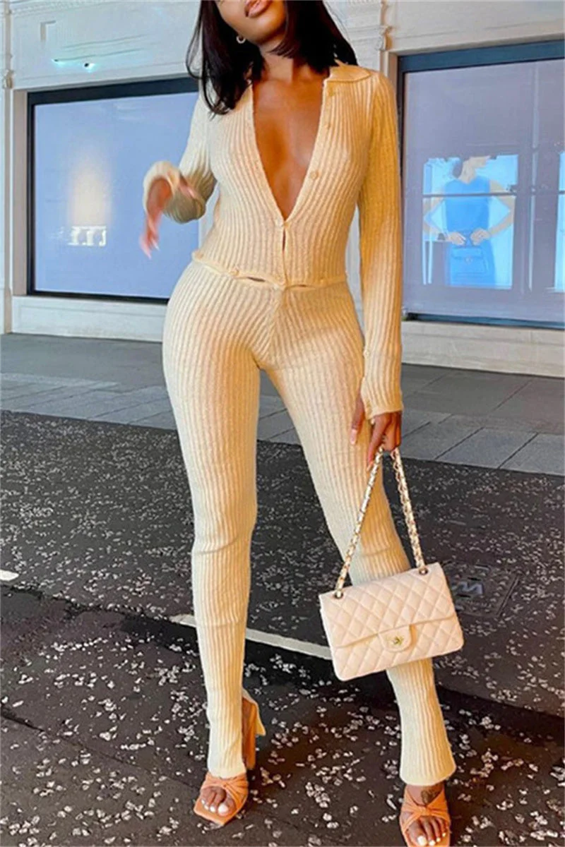 Fashion Casual Solid Slit Turndown Collar Skinny Jumpsuits