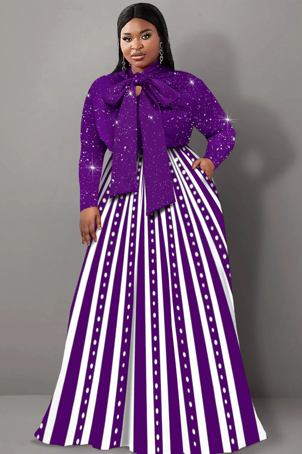Design Plus Size Daily Maxi Dresses Purple Striped Fall Winter Stand Collar Long Sleeve Bow Tie Knitted Maxi Dresses