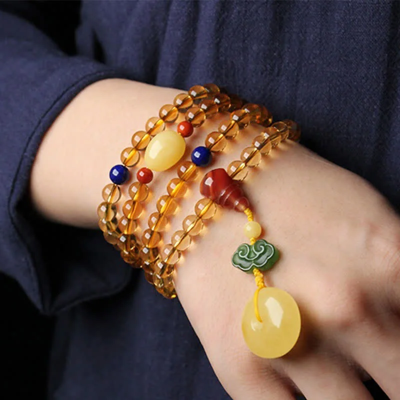 Natural Citrine Amber 108 Mala Beads Peace Buckle Red Agate PiXiu Protection Charm Bracelet